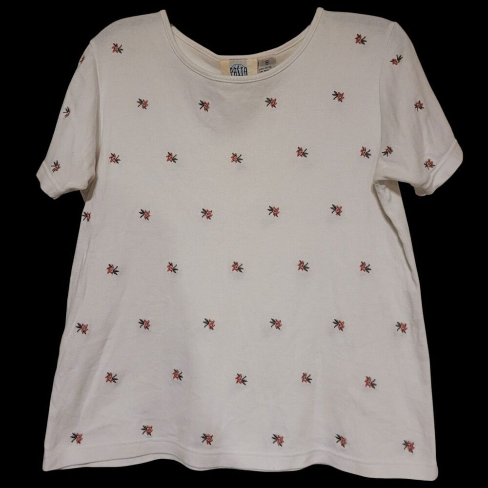 Vintage White Pasta Floral Embroidered Shirt Cotton Medium